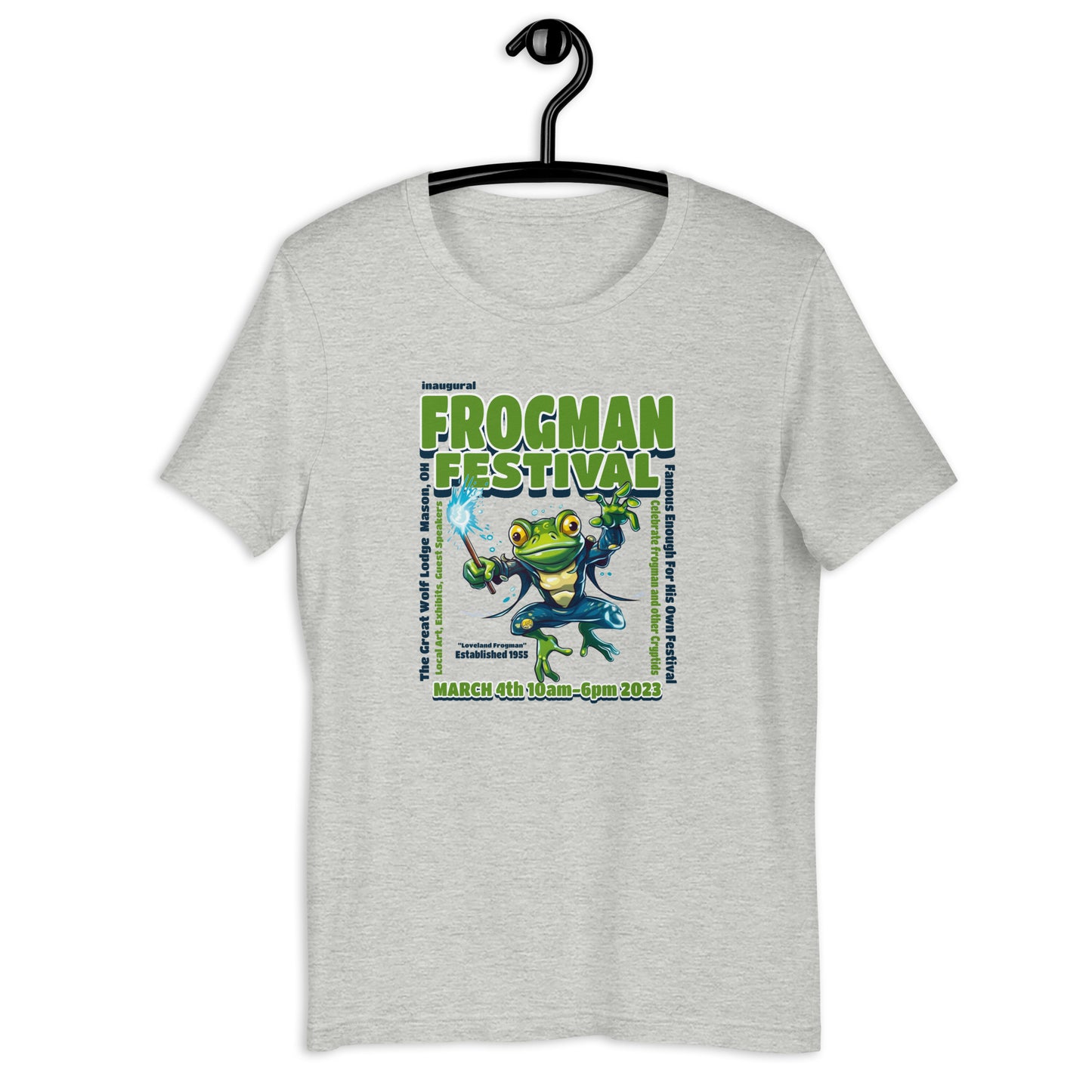 Hop into the festivities with our Frogman T-shirt! Celebrate the mystery and legend of the Loveland Frogman with our eye-catching design. This festival tee is sure to make a statement with its colorful graphics and high-quality fabric. Don't miss out on being the envy of everyone at the Inaugural Frogman Festival with this awesome shirt!