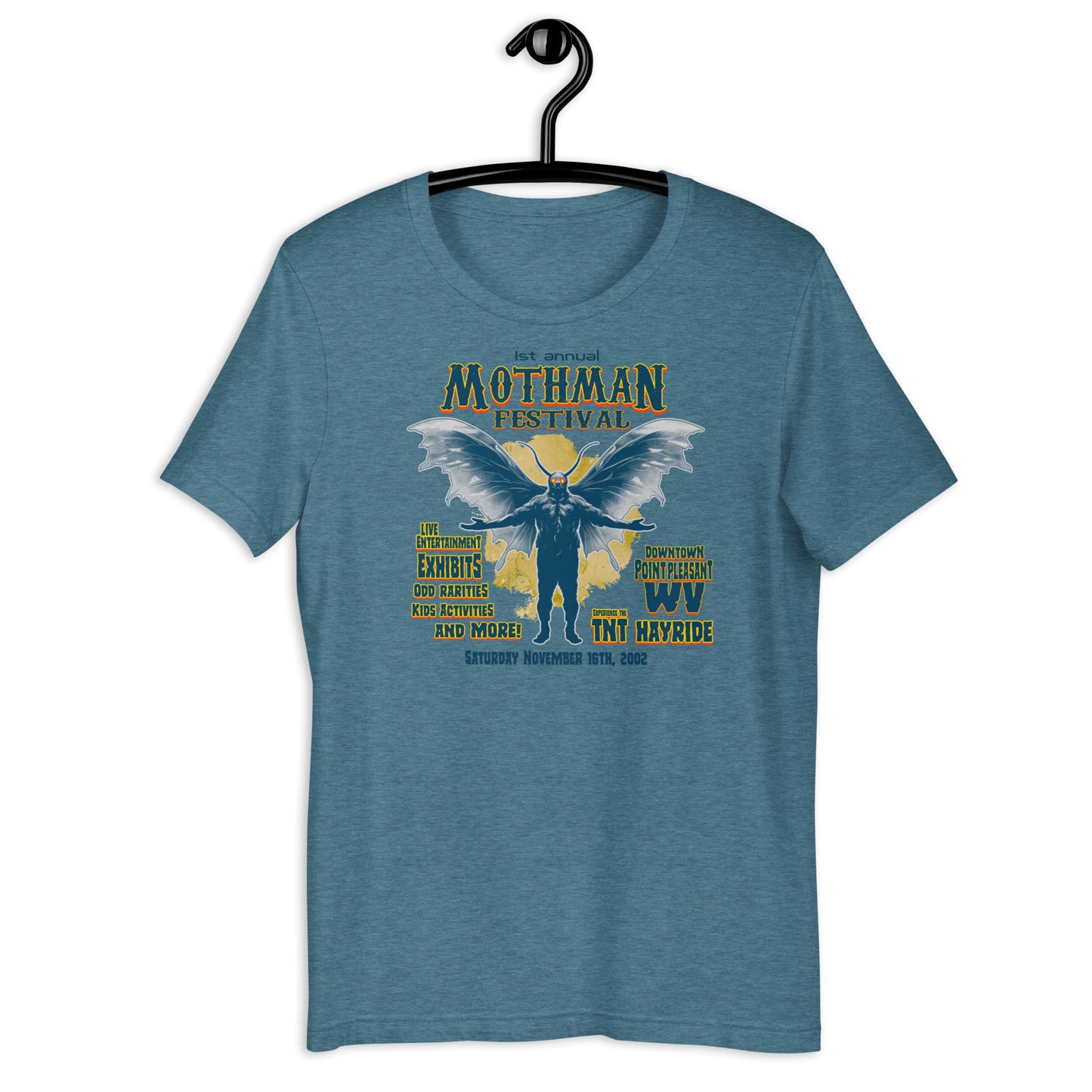 Celebrate the Mothman of West Virginia with our Mothman t-shirt! Made with soft and comfortable materials, our cryptid t-shirts are perfect for everyday wear. Come see us at the Mothman Festival and add this original design West Virginia t-shirt to your collection!