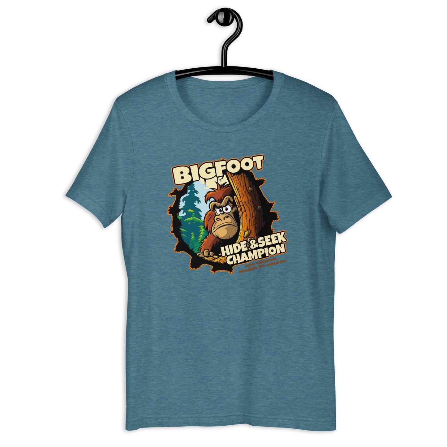 Stand out from the crowd with this original design t-shirt featuring a weird twist on a classic game of hide and seek - with Bigfoot as the star player! It's the perfect addition to your cryptid clothing collection, and its unique style will make you the talk of any gathering.