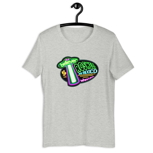 Don't miss out on this wacky Neon Roswell t-shirt! If you're into UFOs and aliens, this original design is perfect for you! The tee boasts a vibrant design that's sure to turn heads. Wear it with pride and add some weirdness to your wardrobe!