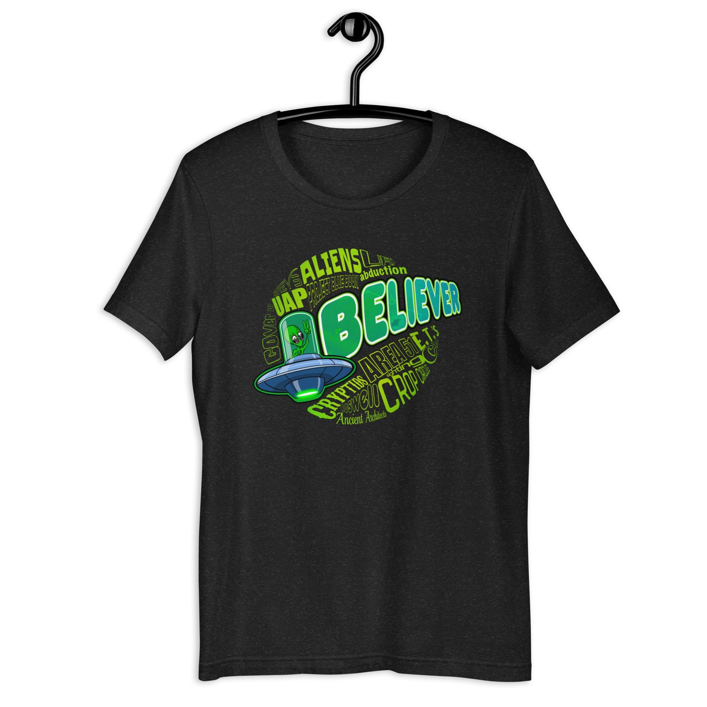 Stand out and showcase your weirdness with our Believer UFO t-shirt! Featuring an original UFO design, this Alien t-shirt is perfect for believers in UAP or anybody who loves the idea of extraterrestrial life. Get your UFO apparel now and show your love for the unknown!