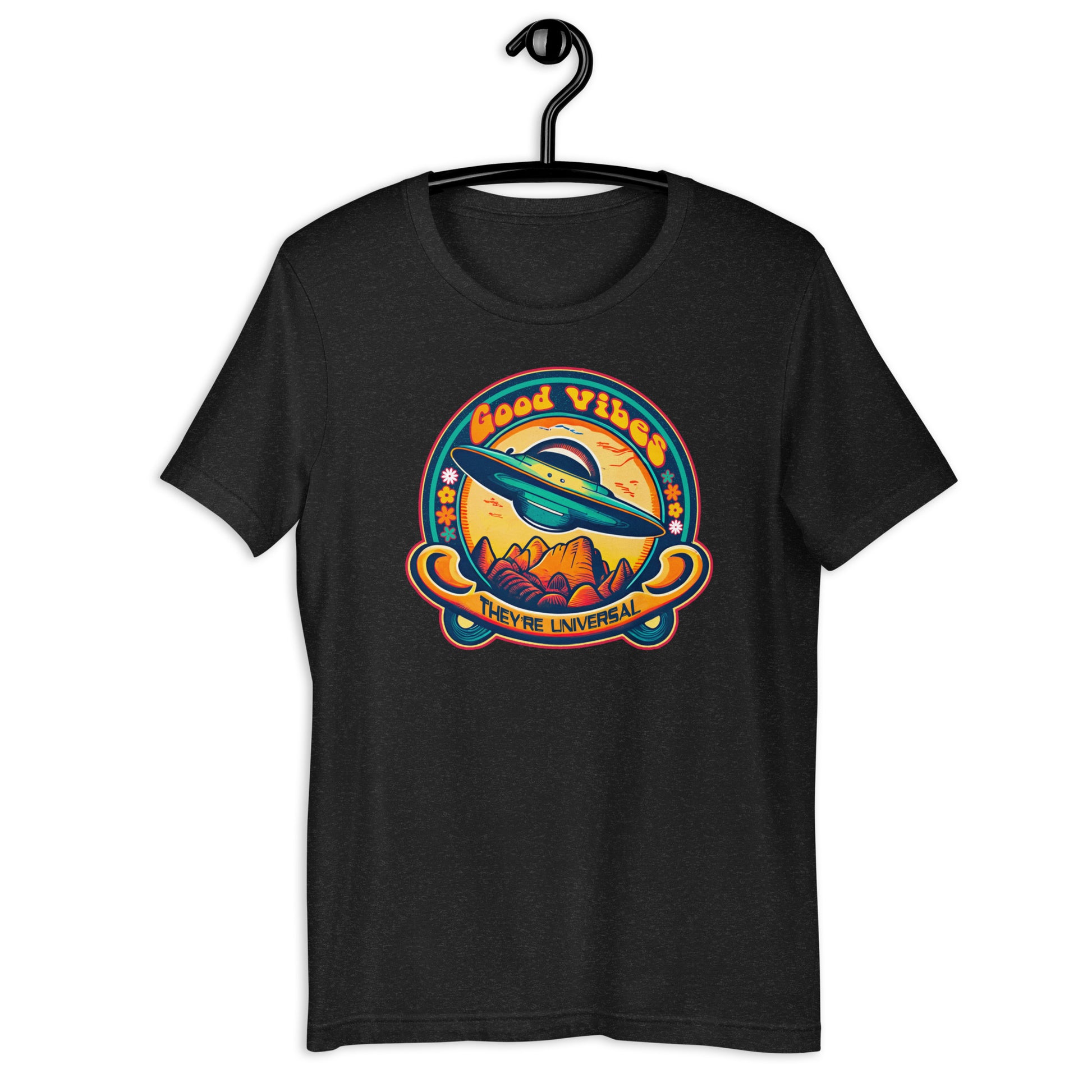 Elevate your style with the Good Vibes UFO tshirt. This alien tshirt is not your average Uap t-shirt – it's a fashion statement that embraces the weird and wonderful. With its eye-catching design and comfortable fit, this UFO clothing will have you radiating positivity wherever you go.