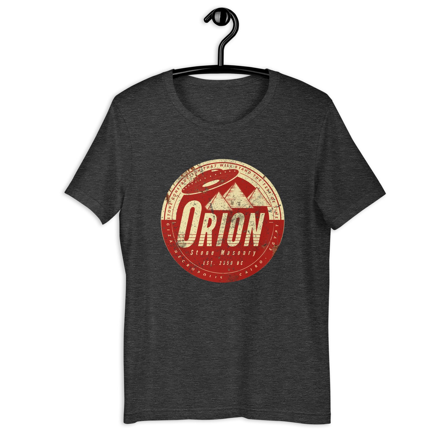 Looking for something out of this world? Look no further than Orion Stone Masonry's Egyptian t-shirt featuring a UFO hovering over a pyramid! Our high-quality, soft cotton t-shirt is the ultimate UFO apparel for anyone who dreams about space. Shop now and make a statement with this original design.