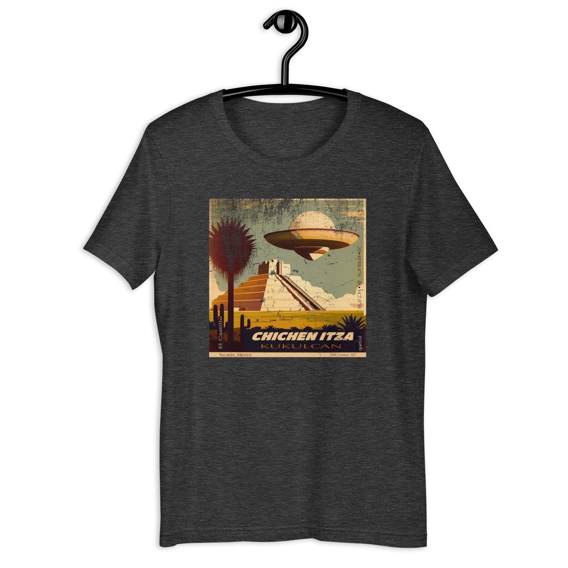 Looking for a stylish and comfy UFO t-shirt? Look no further than this original design, featuring a UFO hovering over the ancient Chichen Itza ruins. Perfect for anyone interested in Uap or the mysteries of the universe. Get your UFO clothing and be ready to chase the unknown.