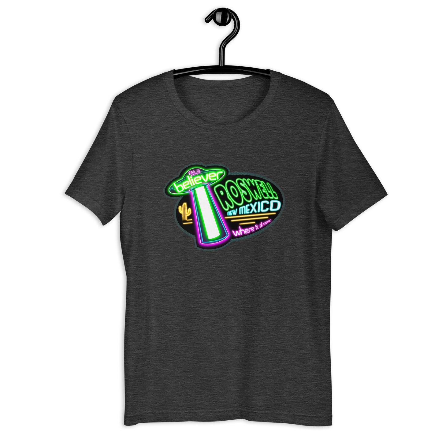 Don't miss out on this wacky Neon Roswell t-shirt! If you're into UFOs and aliens, this original design is perfect for you! The tee boasts a vibrant design that's sure to turn heads. Wear it with pride and add some weirdness to your wardrobe!