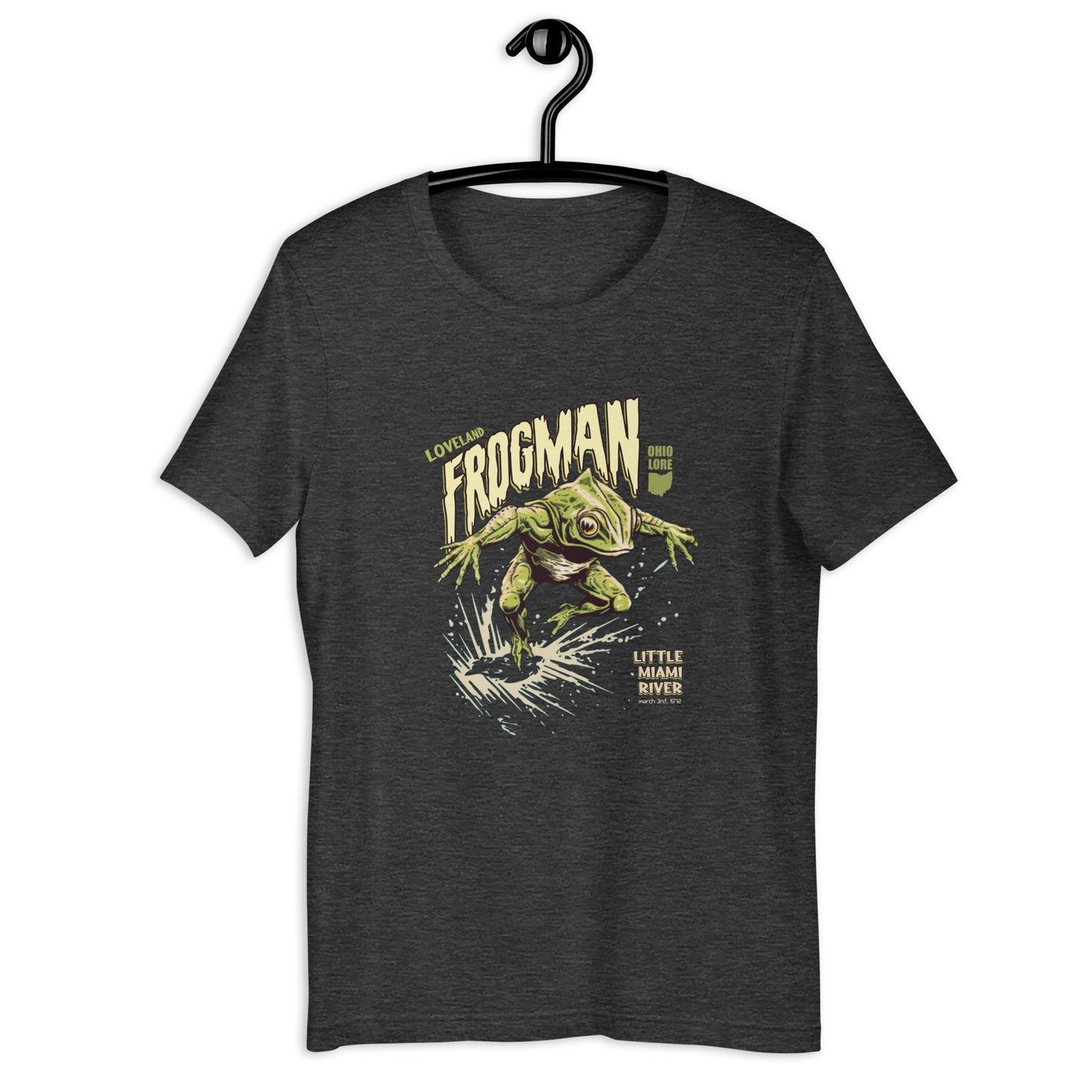 Love owning unique and weird clothing? Get yourself a Loveland Frogman T-shirt - an original design, Ohio-based cryptid clothing representing one of the most mysterious creatures. Stand out from the crowd with this exclusively designed frogman T-shirt!