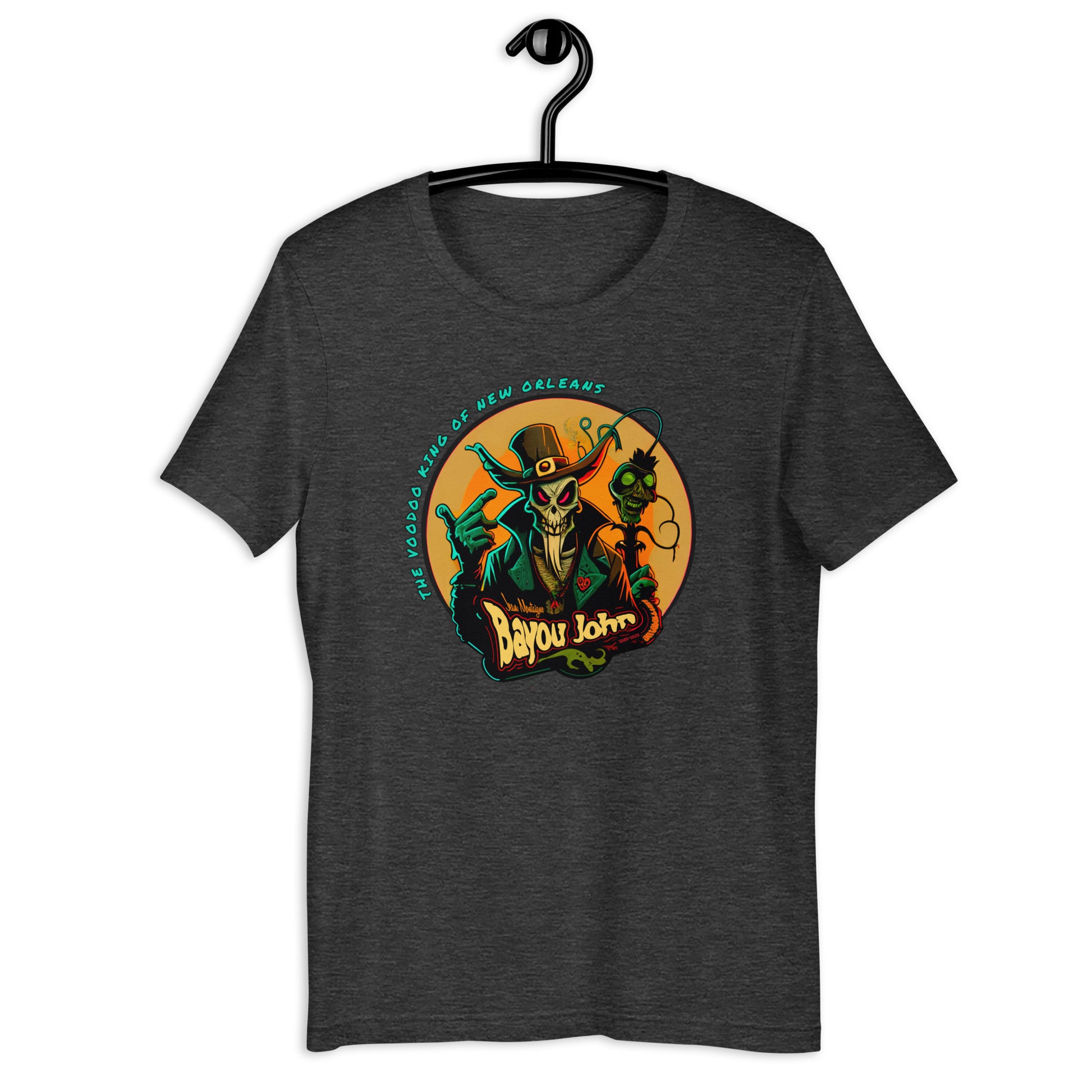 Put a spooky twist on your wardrobe with our Bayou John t-shirt. This folklore t-shirt boasts an eerie, original design that's perfect for any lover of strange, mysterious stories. Wear our Voodoo King Bayou John shirt with pride and show off your love of the bizarre!