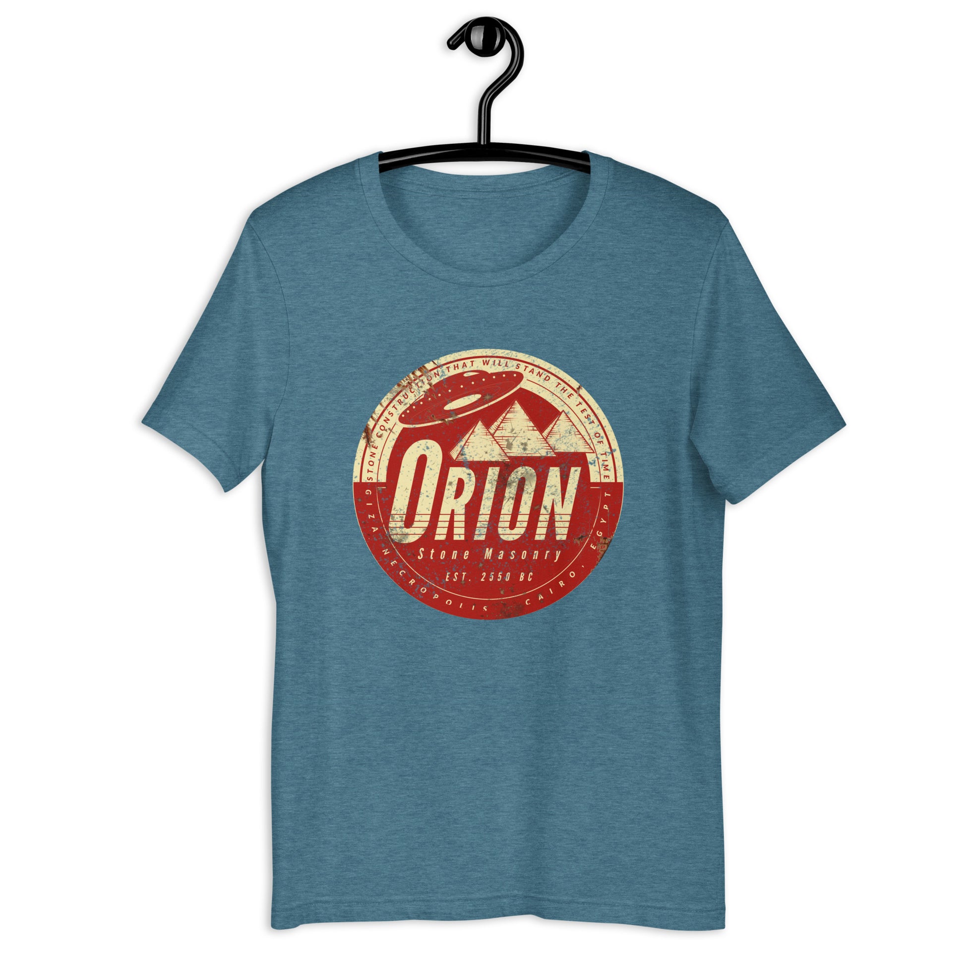 Looking for something out of this world? Look no further than Orion Stone Masonry's Egyptian t-shirt featuring a UFO hovering over a pyramid! Our high-quality, soft cotton t-shirt is the ultimate UFO apparel for anyone who dreams about space. Shop now and make a statement with this original design.