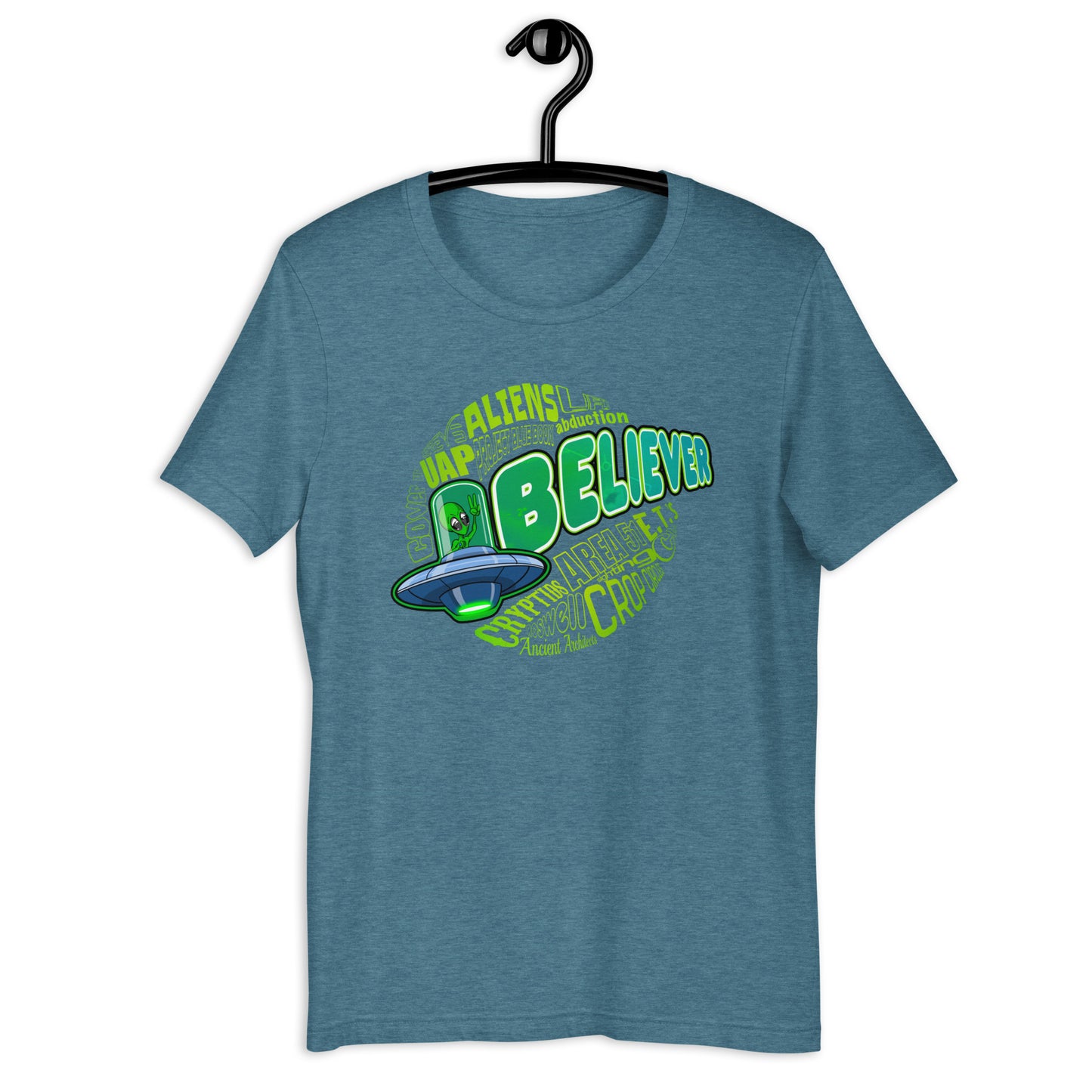 Stand out and showcase your weirdness with our Believer UFO t-shirt! Featuring an original UFO design, this Alien t-shirt is perfect for believers in UAP or anybody who loves the idea of extraterrestrial life. Get your UFO apparel now and show your love for the unknown!