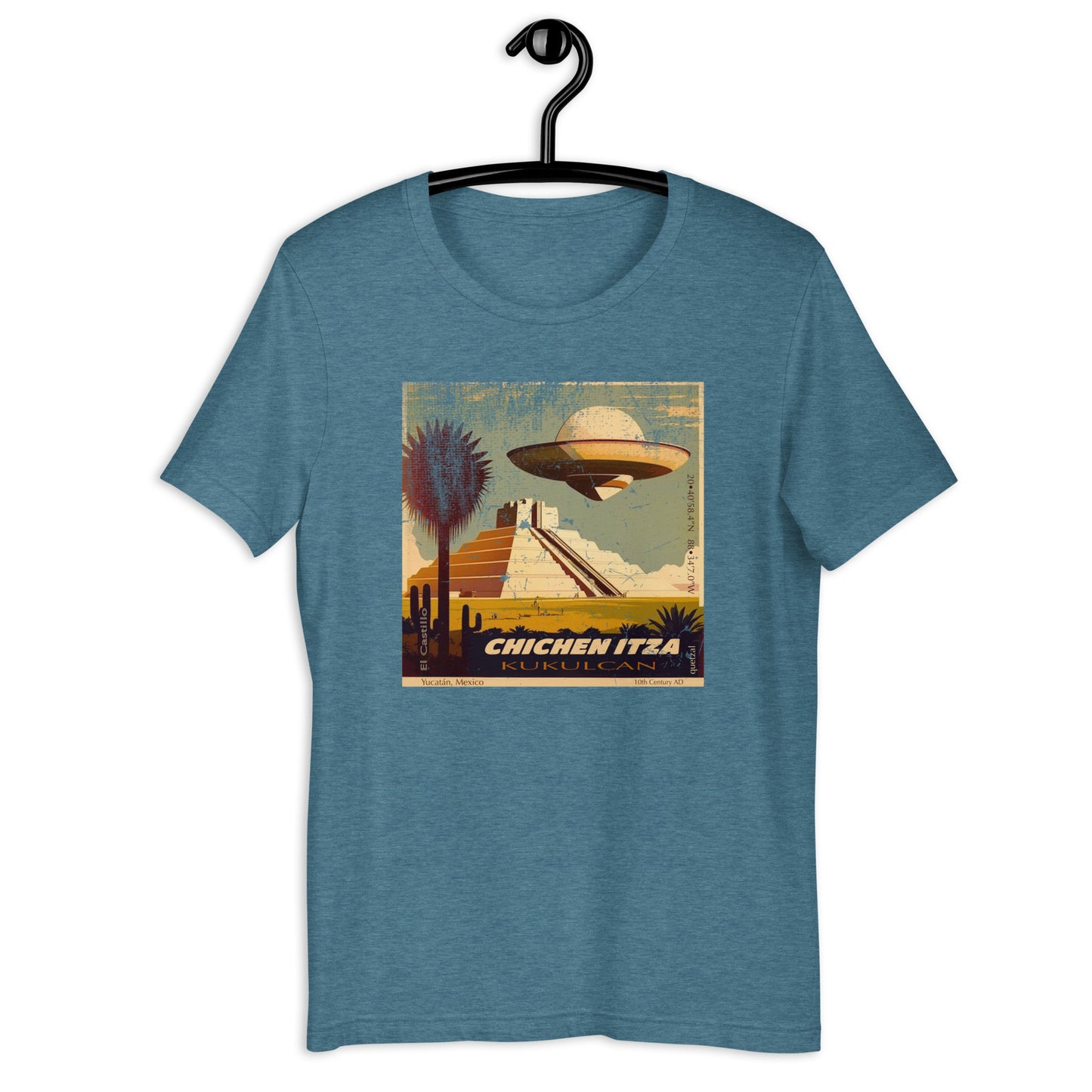 Looking for a stylish and comfy UFO t-shirt? Look no further than this original design, featuring a UFO hovering over the ancient Chichen Itza ruins. Perfect for anyone interested in Uap or the mysteries of the universe. Get your UFO clothing and be ready to chase the unknown.