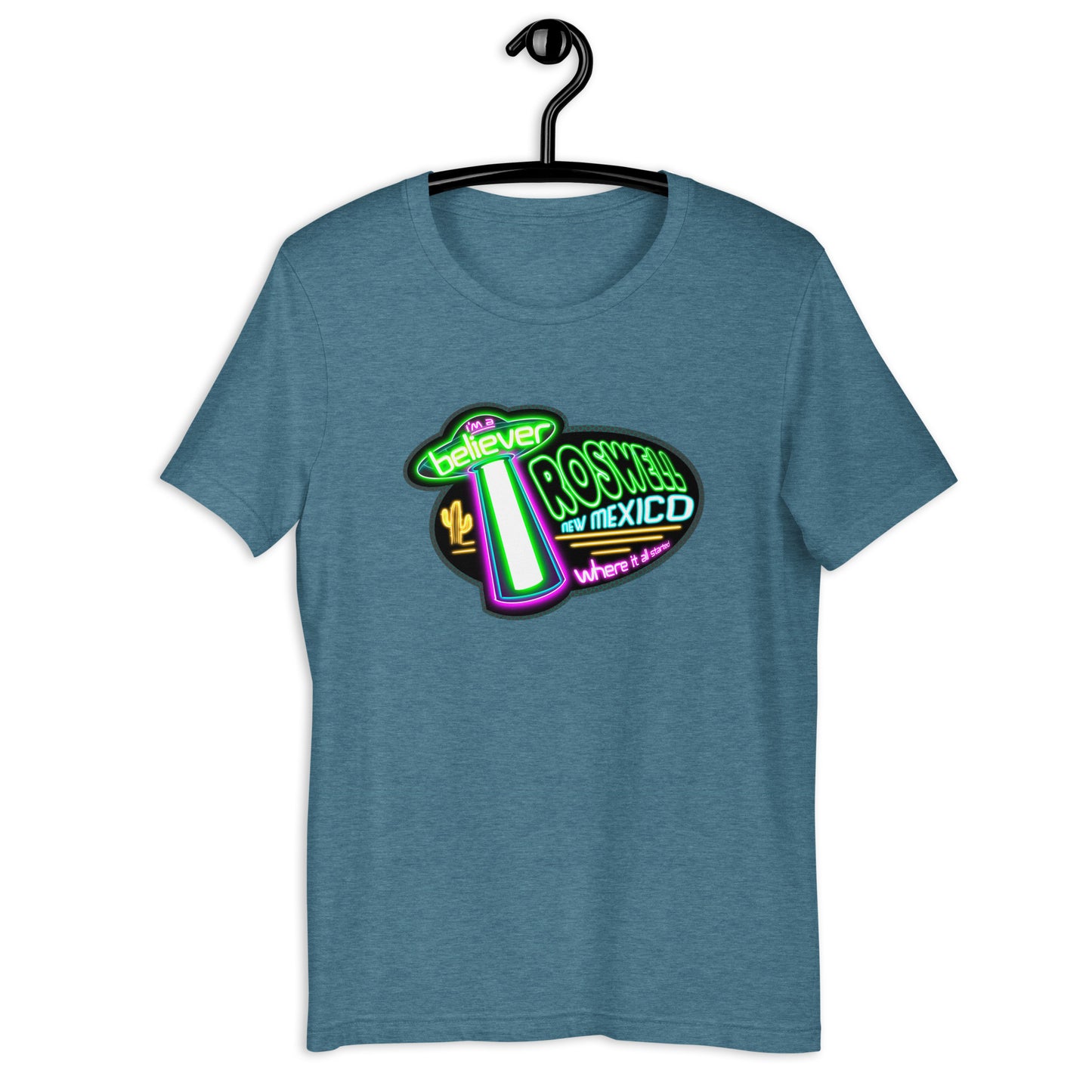 Don't miss out on this wacky Neon Roswell t-shirt! If you're into UFOs and aliens, this original design is perfect for you! The tee boasts a vibrant design that's sure to turn heads. Wear it with pride and add some weirdness to your wardrobe!