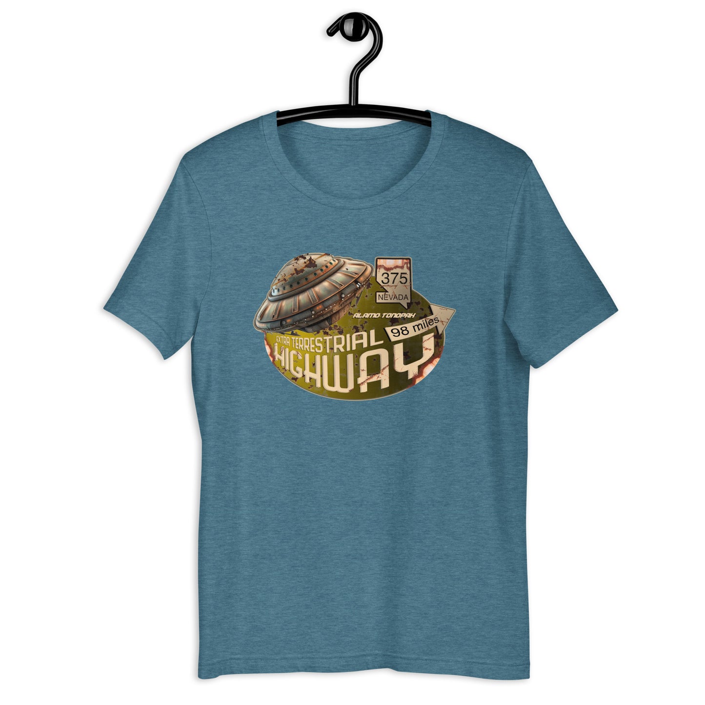 Show off your love for all things weird and otherworldly with our Extraterrestrial Highway Nevada t-shirt. Featuring an original design inspired by Nevada's famous UFO hotspot, this Alien t-shirt is a must-have for any true believer. Get your hands on this unique UFO apparel today!