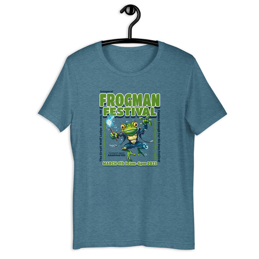 Hop into the festivities with our Frogman T-shirt! Celebrate the mystery and legend of the Loveland Frogman with our eye-catching design. This festival tee is sure to make a statement with its colorful graphics and high-quality fabric. Don't miss out on being the envy of everyone at the Inaugural Frogman Festival with this awesome shirt! 