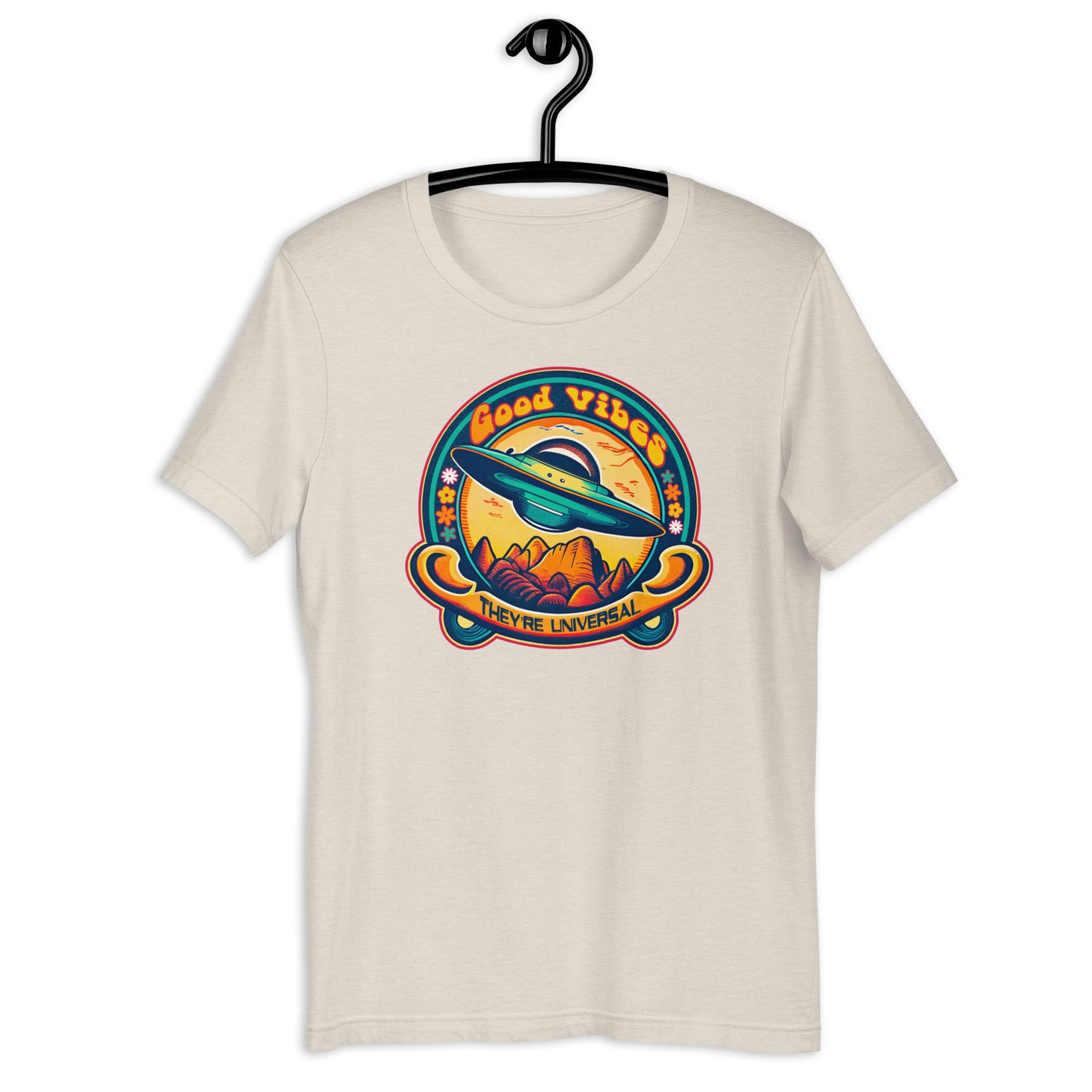 Elevate your style with the Good Vibes UFO tshirt. This alien tshirt is not your average Uap t-shirt – it's a fashion statement that embraces the weird and wonderful. With its eye-catching design and comfortable fit, this UFO clothing will have you radiating positivity wherever you go.