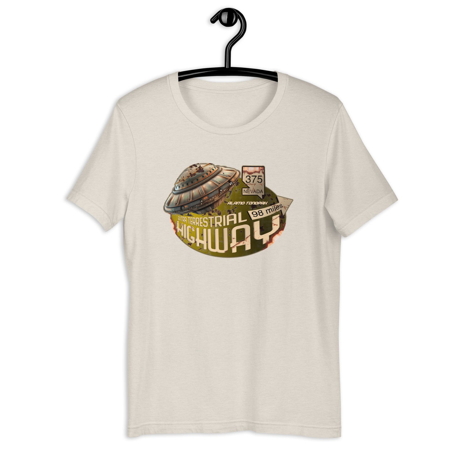 Show off your love for all things weird and otherworldly with our Extraterrestrial Highway Nevada t-shirt. Featuring an original design inspired by Nevada's famous UFO hotspot, this Alien t-shirt is a must-have for any true believer. Get your hands on this unique UFO apparel today!