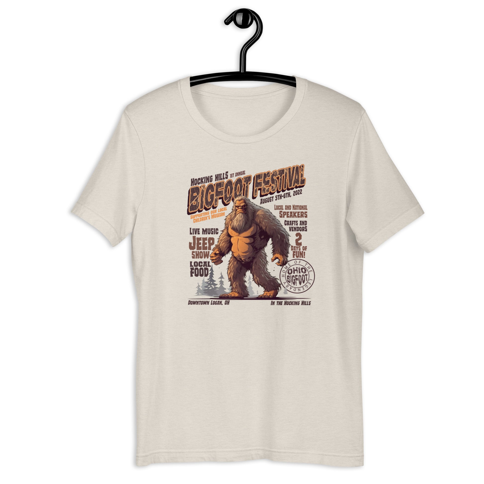 Show off your love for all things weird and cryptid with our original design Hocking Hills Bigfoot Festival t-shirt! This Ohio t-shirt features the elusive Bigfoot himself and is the perfect addition to your cryptid clothing collection. Get yours today!