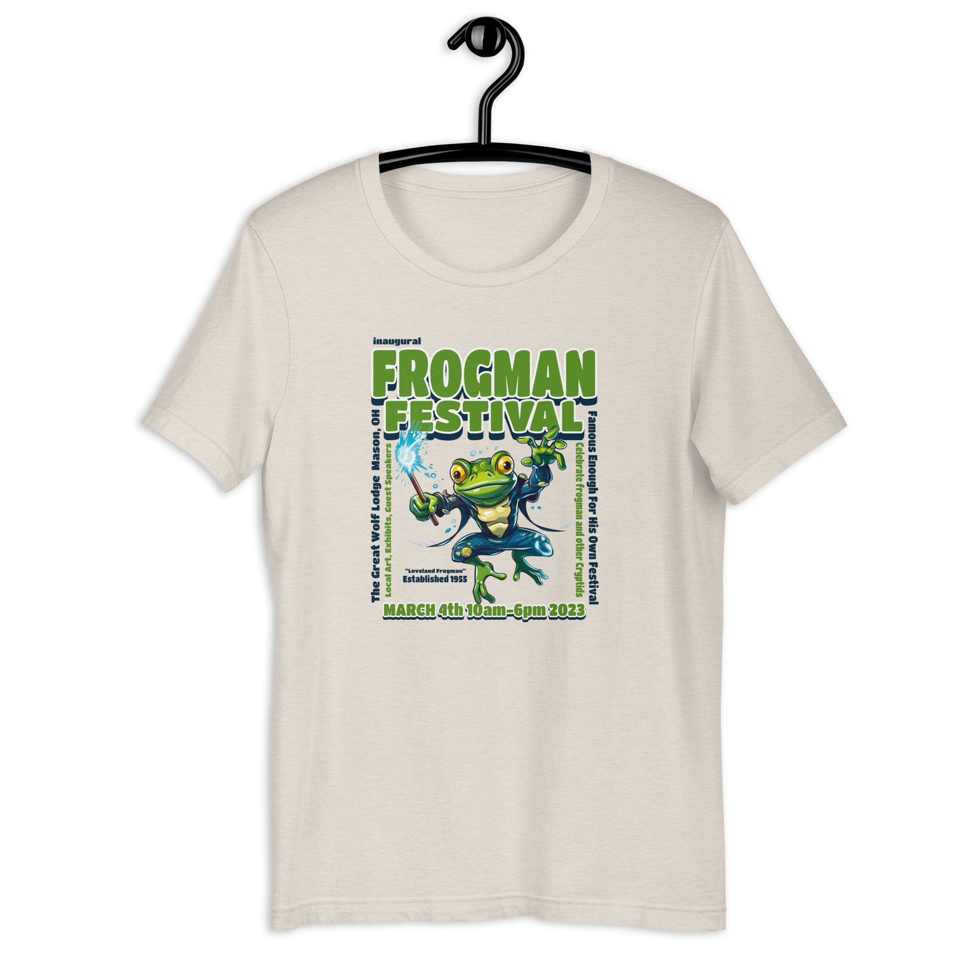 Hop into the festivities with our Frogman T-shirt! Celebrate the mystery and legend of the Loveland Frogman with our eye-catching design. This festival tee is sure to make a statement with its colorful graphics and high-quality fabric. Don't miss out on being the envy of everyone at the Inaugural Frogman Festival with this awesome shirt! 