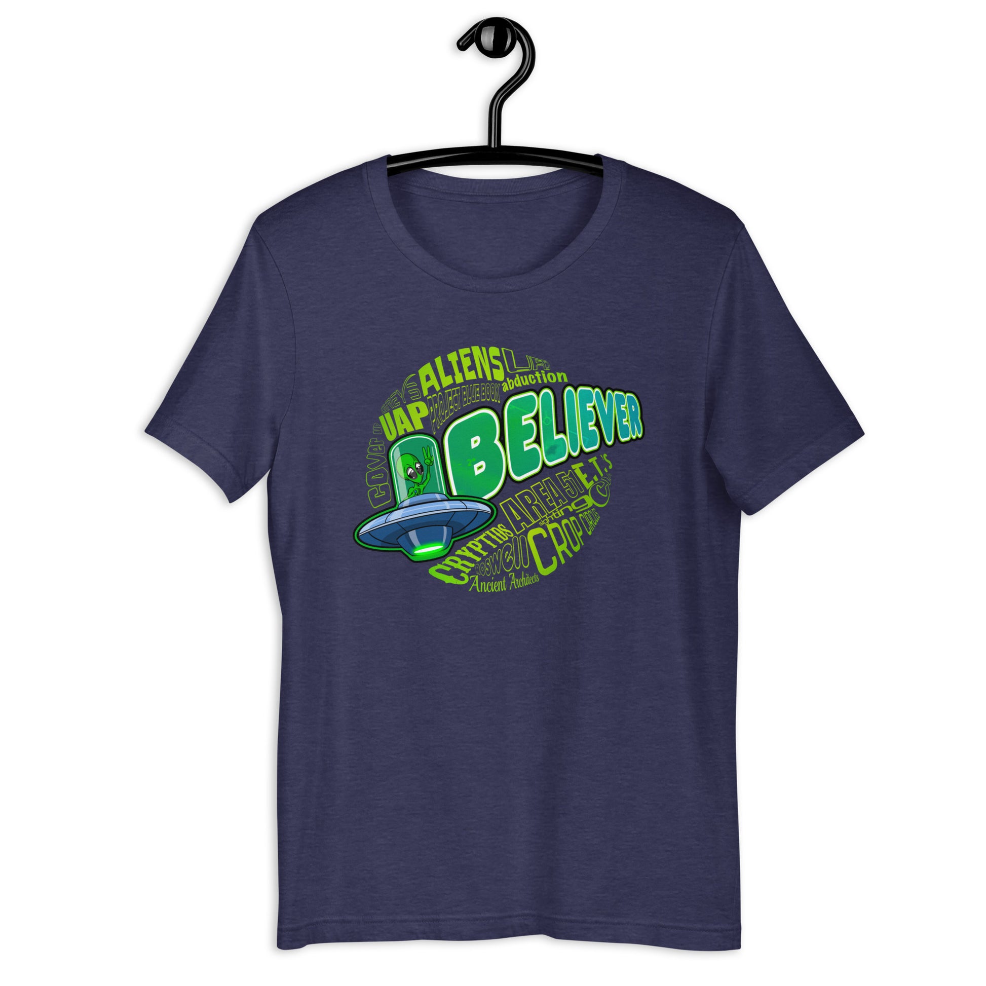 Stand out and showcase your weirdness with our Believer UFO t-shirt! Featuring an original UFO design, this Alien t-shirt is perfect for believers in UAP or anybody who loves the idea of extraterrestrial life. Get your UFO apparel now and show your love for the unknown!