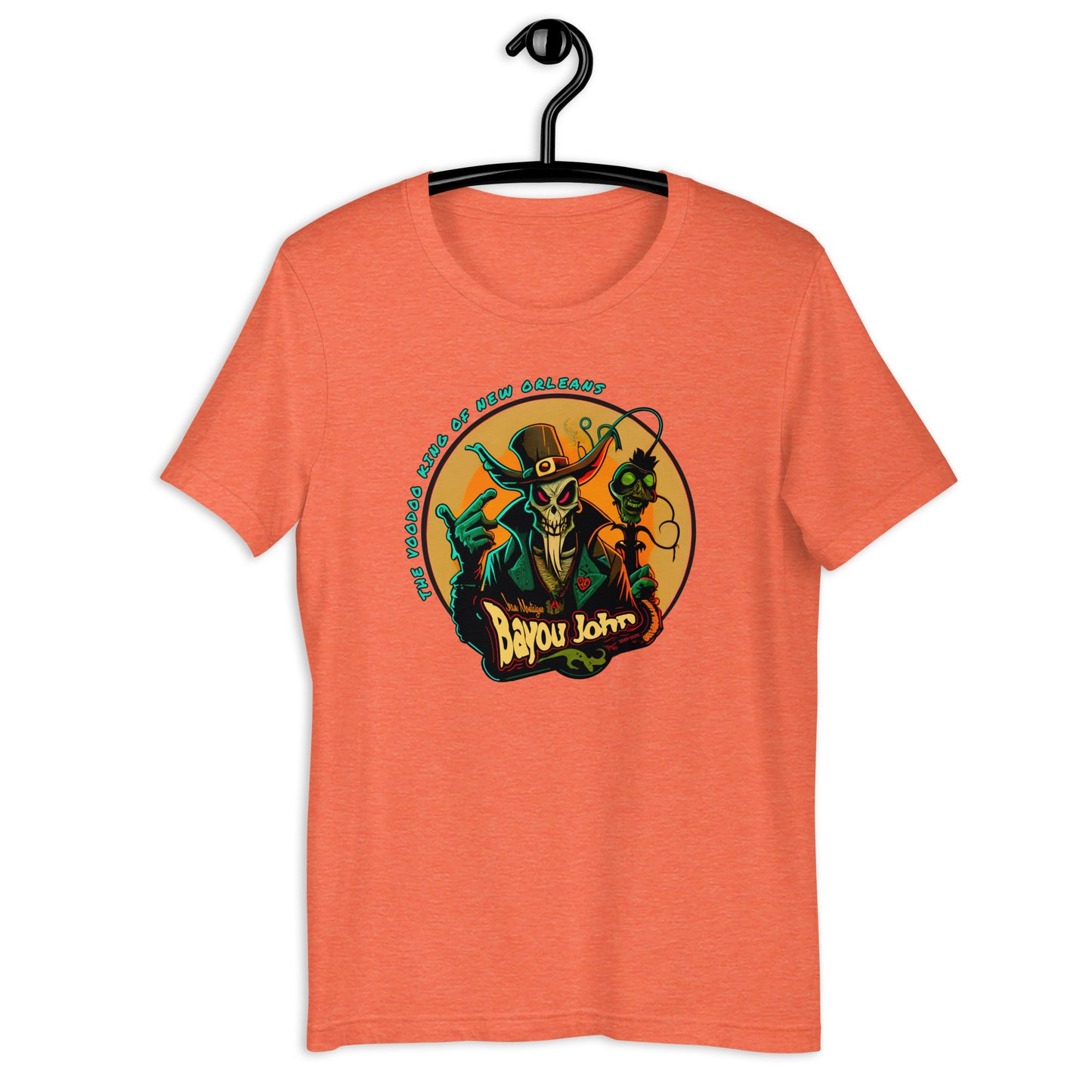 Put a spooky twist on your wardrobe with our Bayou John t-shirt. This folklore t-shirt boasts an eerie, original design that's perfect for any lover of strange, mysterious stories. Wear our Voodoo King Bayou John shirt with pride and show off your love of the bizarre!