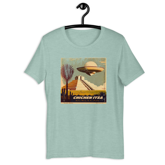 Looking for a stylish and comfy UFO t-shirt? Look no further than this original design, featuring a UFO hovering over the ancient Chichen Itza ruins. Perfect for anyone interested in Uap or the mysteries of the universe. Get your UFO clothing and be ready to chase the unknown.