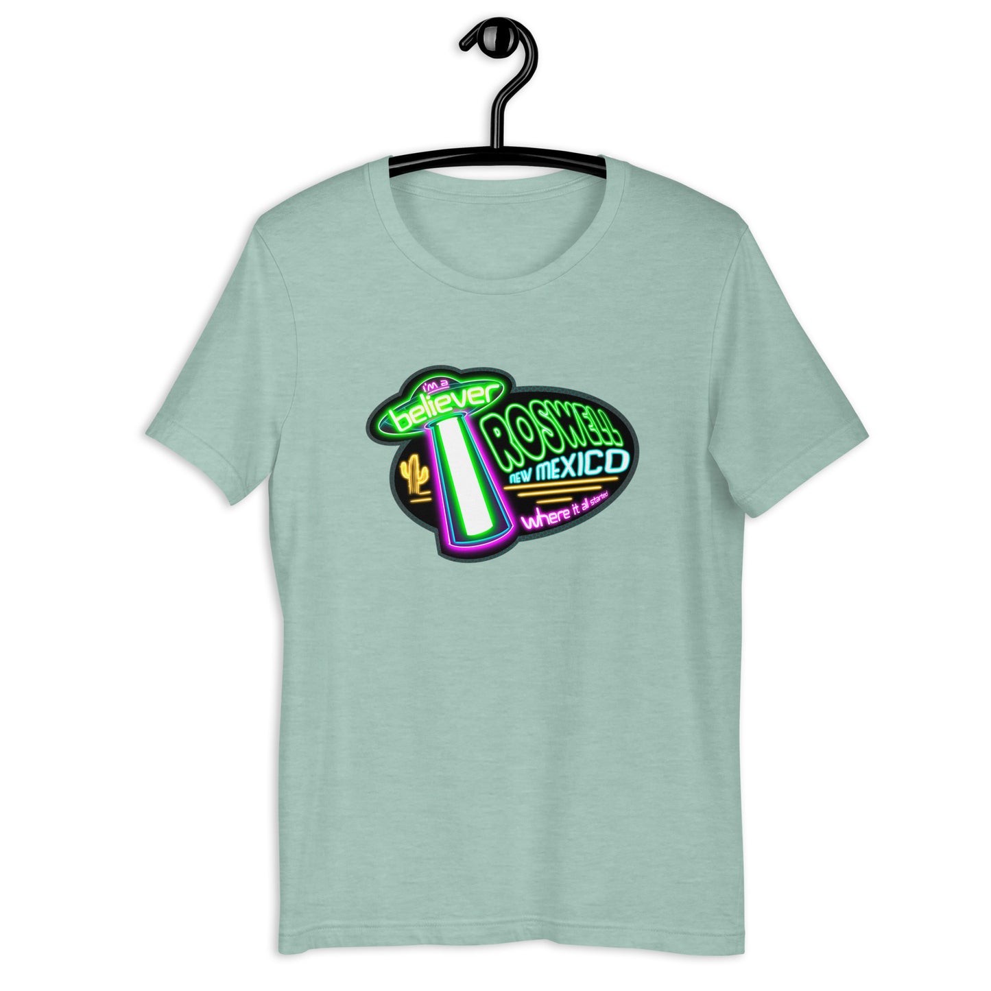 Don't miss out on this wacky Neon Roswell t-shirt! If you're into UFOs and aliens, this original design is perfect for you! The tee boasts a vibrant design that's sure to turn heads. Wear it with pride and add some weirdness to your wardrobe!