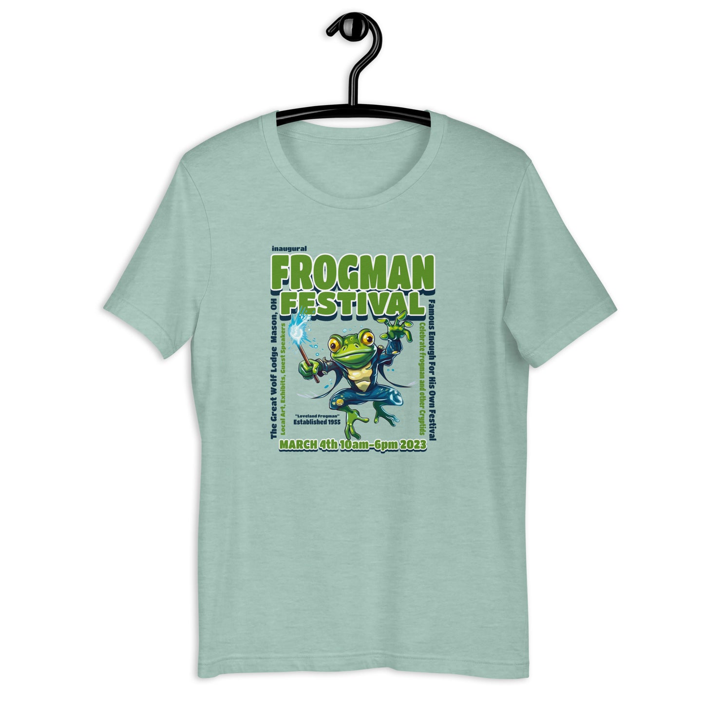 Hop into the festivities with our Frogman T-shirt! Celebrate the mystery and legend of the Loveland Frogman with our eye-catching design. This festival tee is sure to make a statement with its colorful graphics and high-quality fabric. Don't miss out on being the envy of everyone at the Inaugural Frogman Festival with this awesome shirt! 