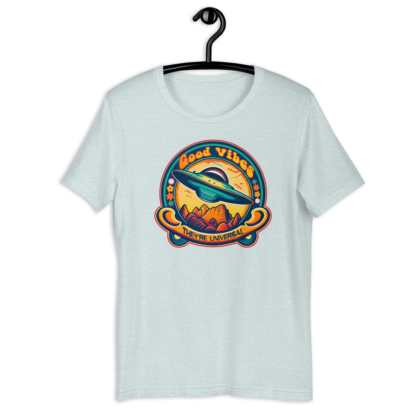 Elevate your style with the Good Vibes UFO tshirt. This alien tshirt is not your average Uap t-shirt – it's a fashion statement that embraces the weird and wonderful. With its eye-catching design and comfortable fit, this UFO clothing will have you radiating positivity wherever you go.