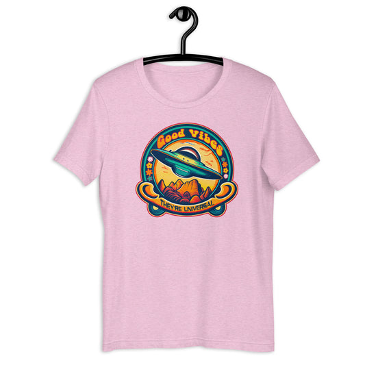 Elevate your style with the Good Vibes UFO tshirt. This alien tshirt is not your average Uap t-shirt – it's a fashion statement that embraces the weird and wonderful. With its eye-catching design and comfortable fit, this UFO clothing will have you radiating positivity wherever you go.