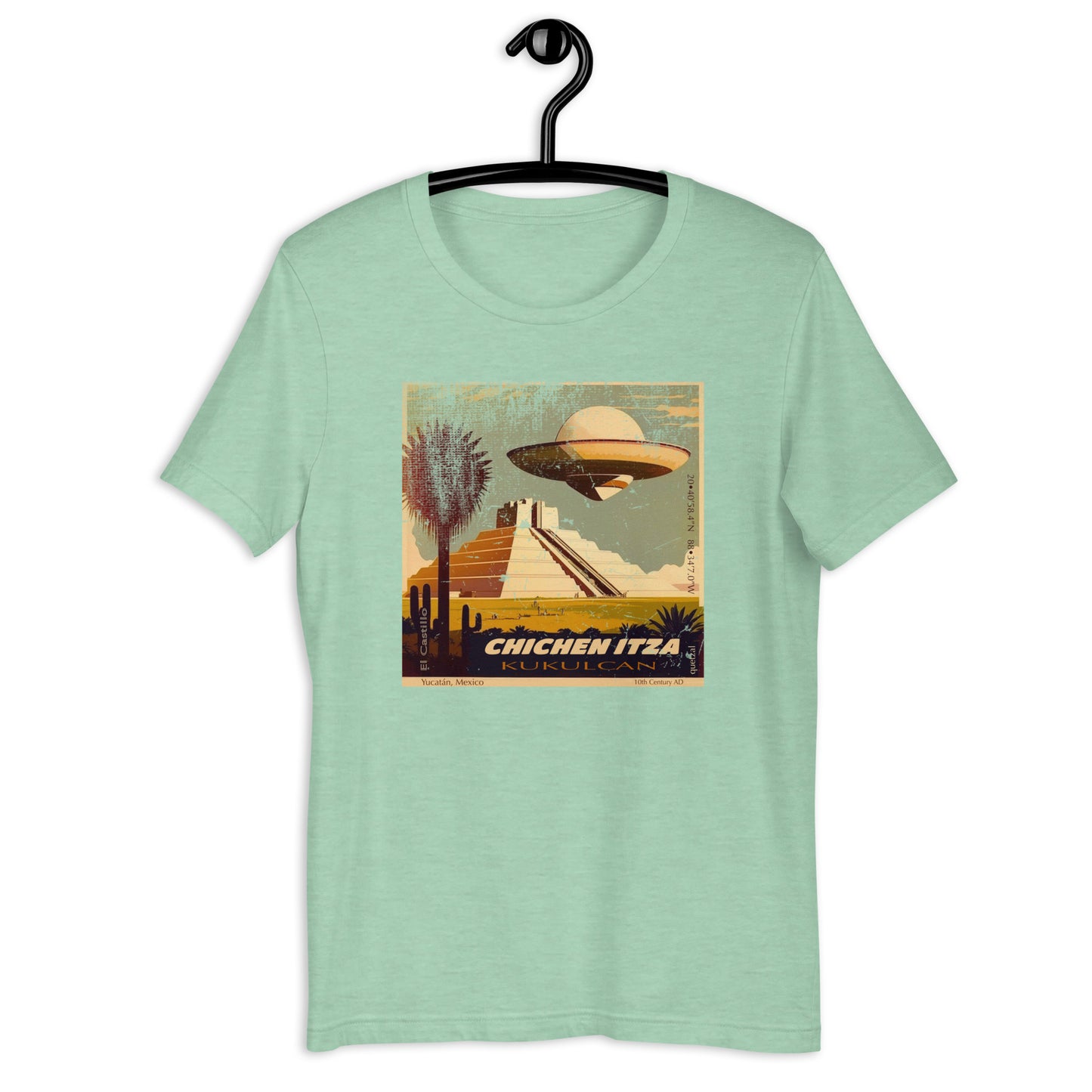 Looking for a stylish and comfy UFO t-shirt? Look no further than this original design, featuring a UFO hovering over the ancient Chichen Itza ruins. Perfect for anyone interested in Uap or the mysteries of the universe. Get your UFO clothing and be ready to chase the unknown.