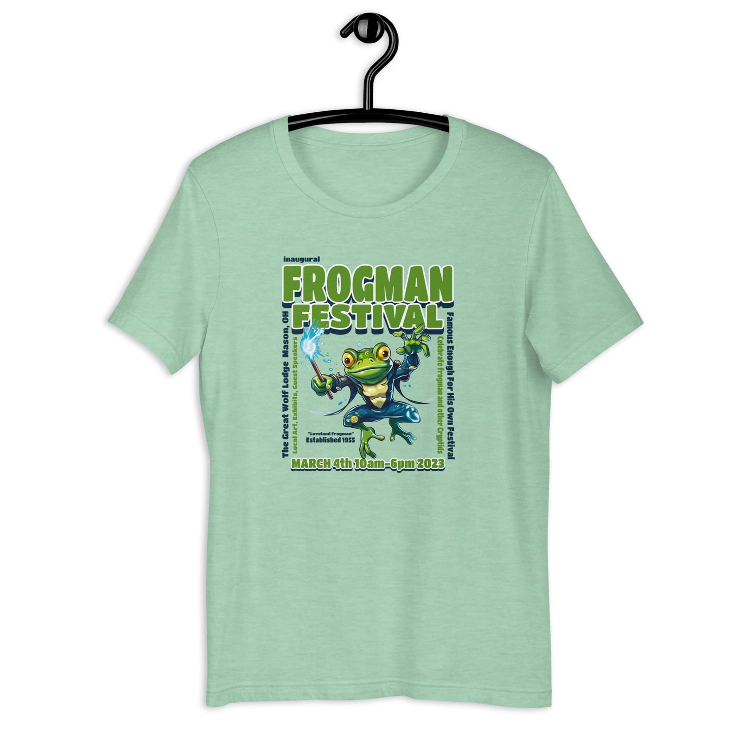 Hop into the festivities with our Frogman T-shirt! Celebrate the mystery and legend of the Loveland Frogman with our eye-catching design. This festival tee is sure to make a statement with its colorful graphics and high-quality fabric. Don't miss out on being the envy of everyone at the Inaugural Frogman Festival with this awesome shirt! 
