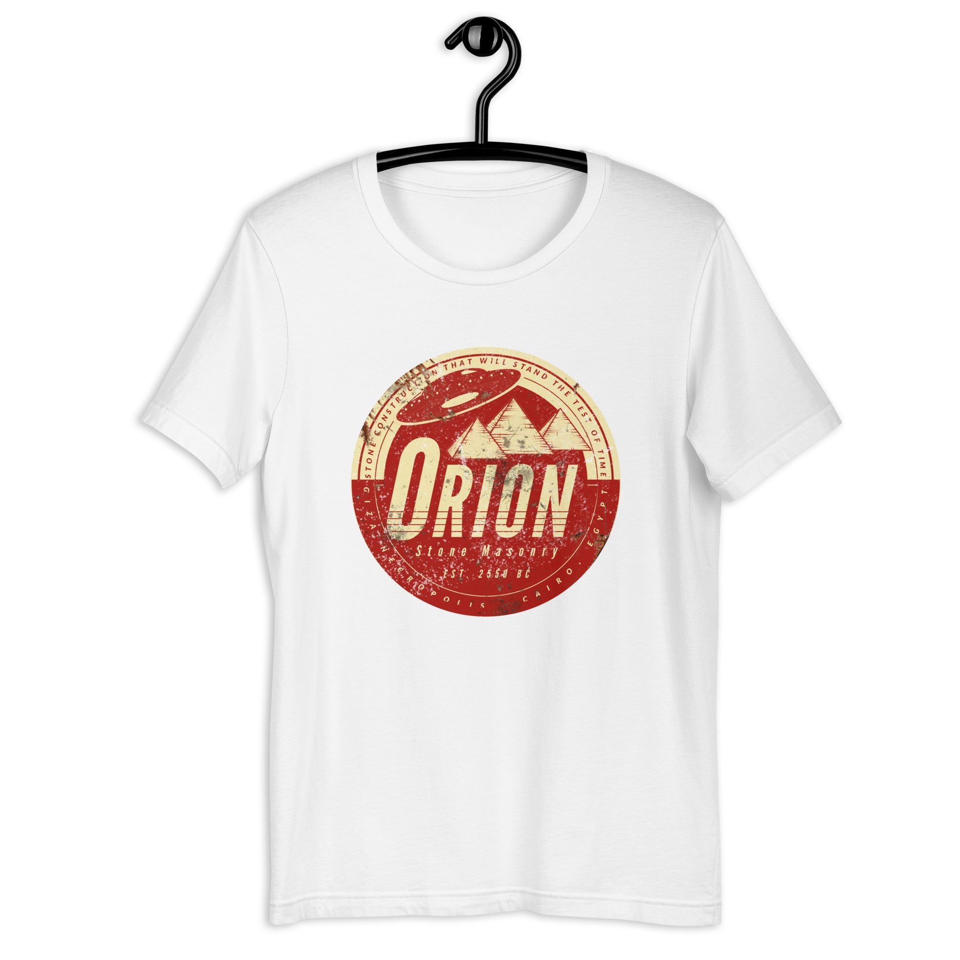 Looking for something out of this world? Look no further than Orion Stone Masonry's Egyptian t-shirt featuring a UFO hovering over a pyramid! Our high-quality, soft cotton t-shirt is the ultimate UFO apparel for anyone who dreams about space. Shop now and make a statement with this original design.