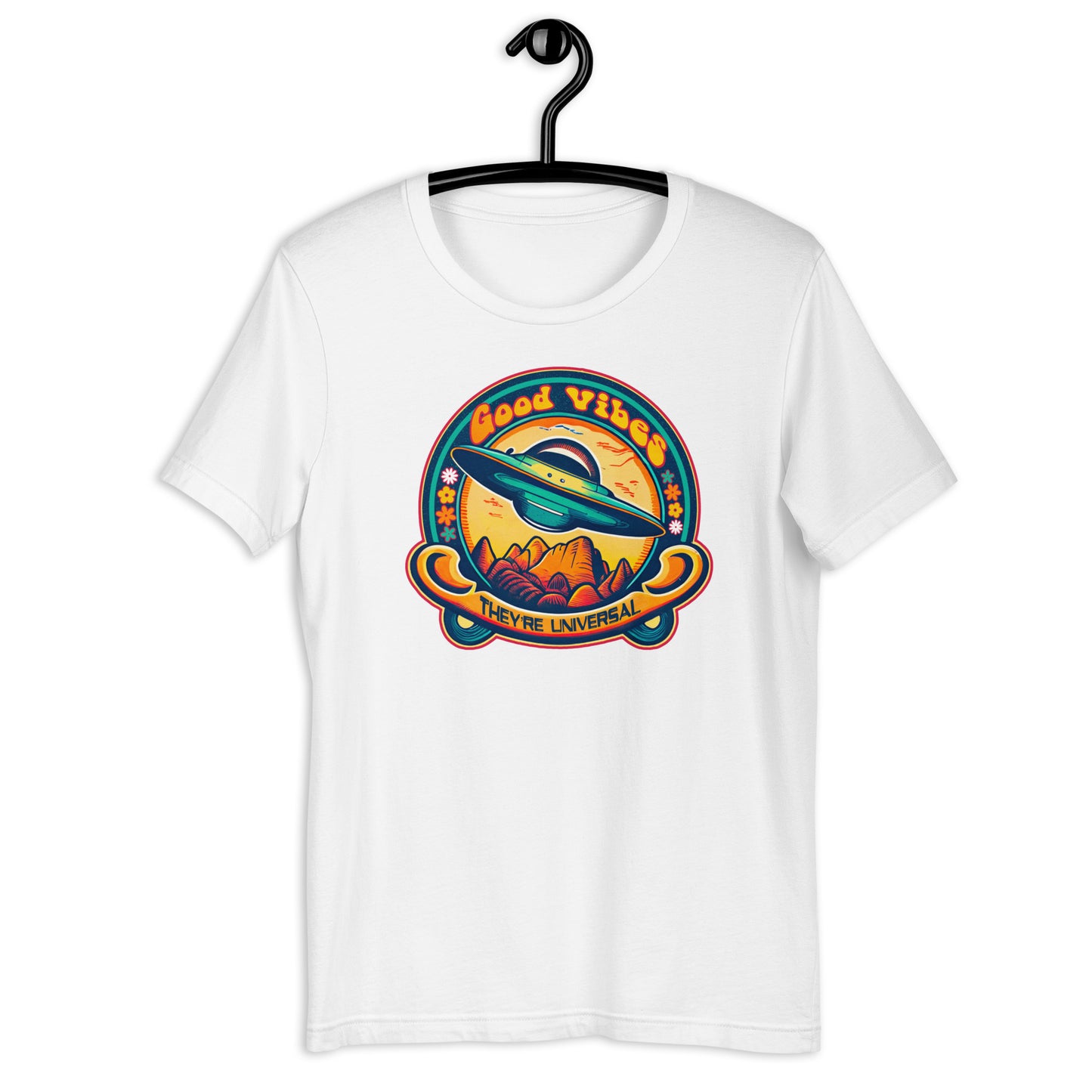 Elevate your style with the Good Vibes UFO tshirt. This alien tshirt is not your average Uap t-shirt – it's a fashion statement that embraces the weird and wonderful. With its eye-catching design and comfortable fit, this UFO clothing will have you radiating positivity wherever you go.