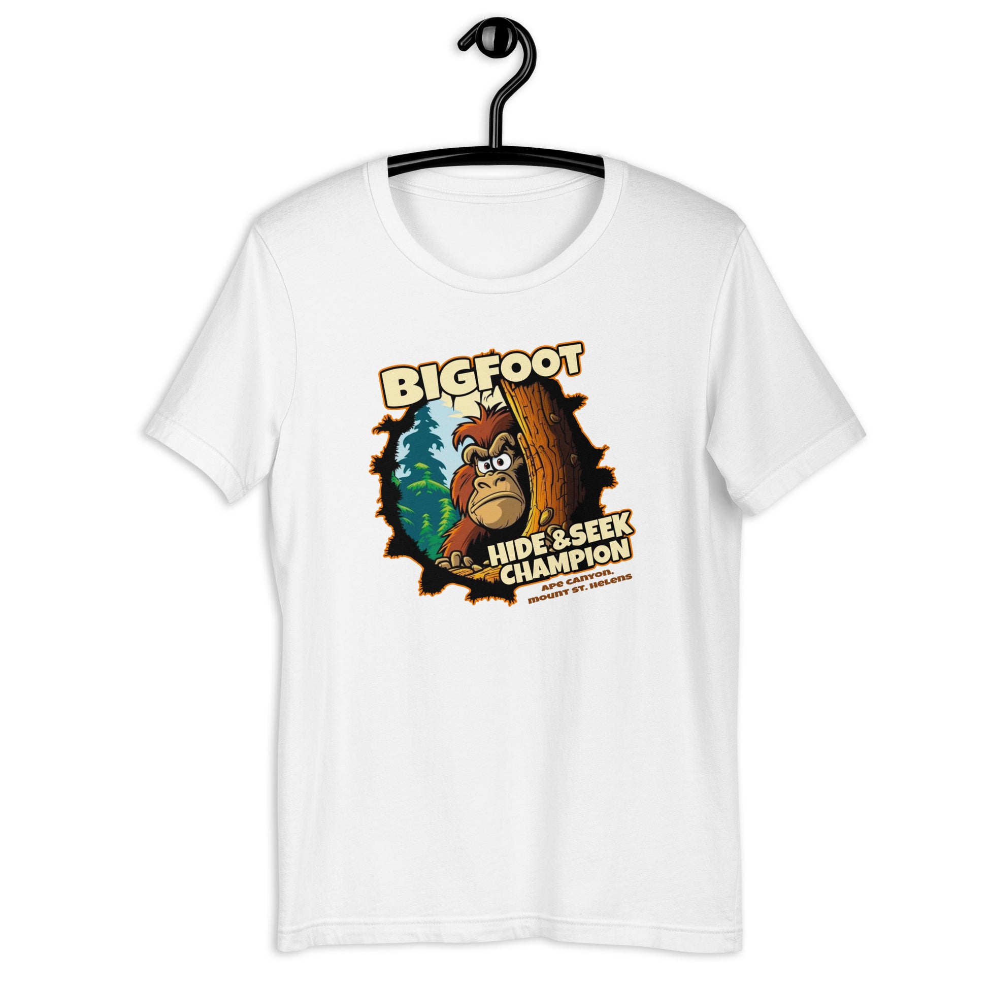 Stand out from the crowd with this original design t-shirt featuring a weird twist on a classic game of hide and seek - with Bigfoot as the star player! It's the perfect addition to your cryptid clothing collection, and its unique style will make you the talk of any gathering.