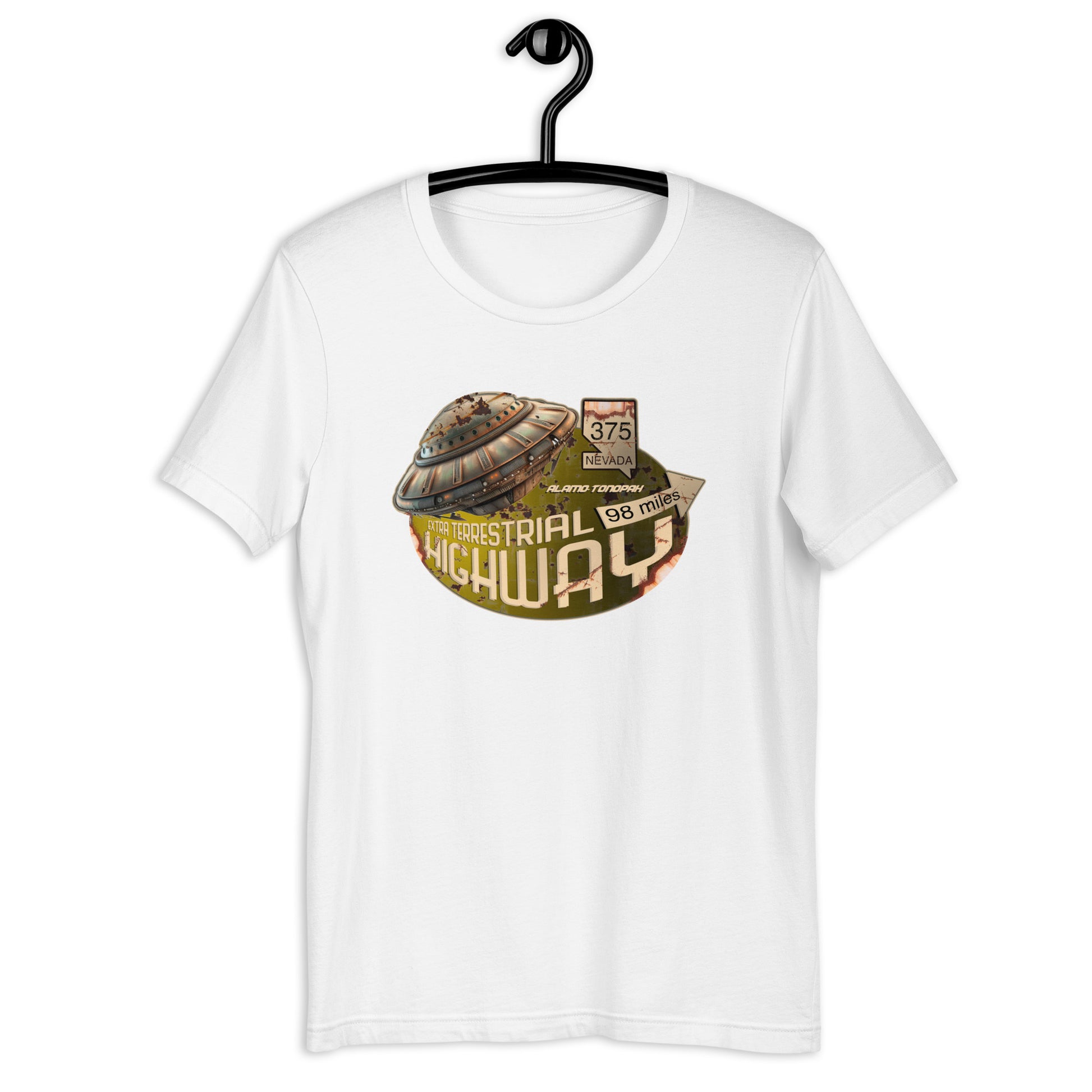 Show off your love for all things weird and otherworldly with our Extraterrestrial Highway Nevada t-shirt. Featuring an original design inspired by Nevada's famous UFO hotspot, this Alien t-shirt is a must-have for any true believer. Get your hands on this unique UFO apparel today!