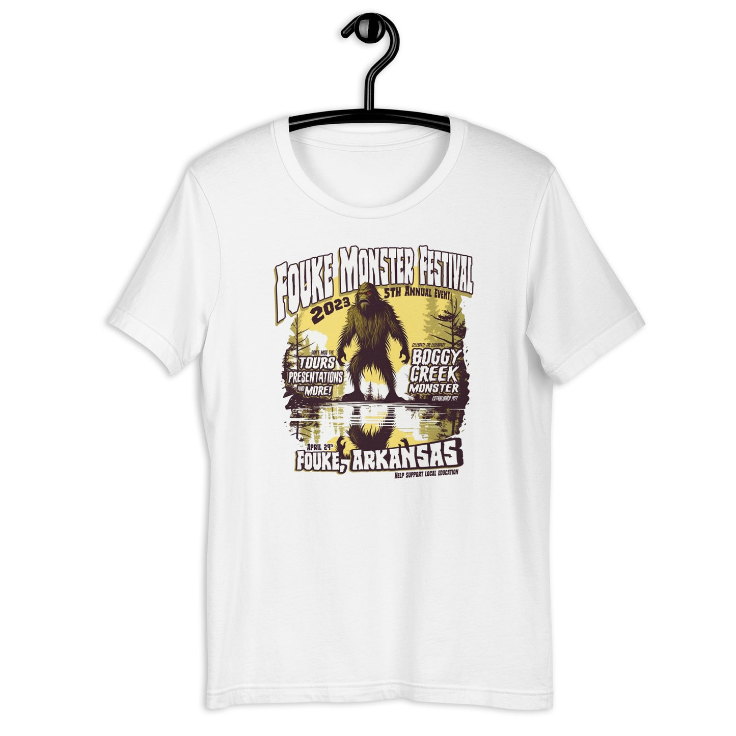 Get your hands on a one-of-a-kind Fouke Monster Festival t-shirt! Our original design t-shirt features the infamous Boggy Creek Monster and is perfect for fans of all things cryptid. Show your love for all things weird with our cryptid clothing and apparel.