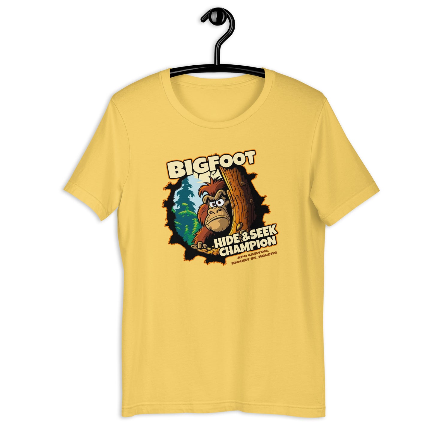 Stand out from the crowd with this original design t-shirt featuring a weird twist on a classic game of hide and seek - with Bigfoot as the star player! It's the perfect addition to your cryptid clothing collection, and its unique style will make you the talk of any gathering.